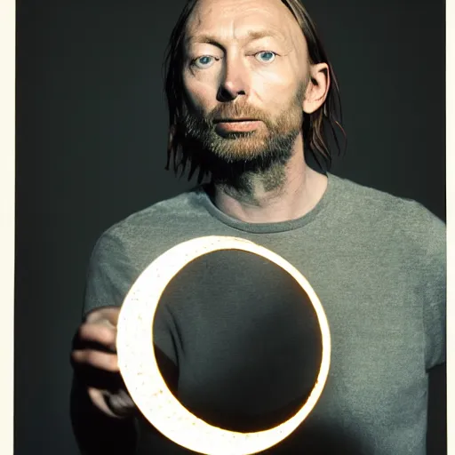 Prompt: Thom Yorke, Radiohead singer Thom Yorke, holding the moon upon a stick, with a beard and a black jacket, a portrait by John E. Berninger, dribble, neo-expressionism, uhd image, studio portrait, 1990s