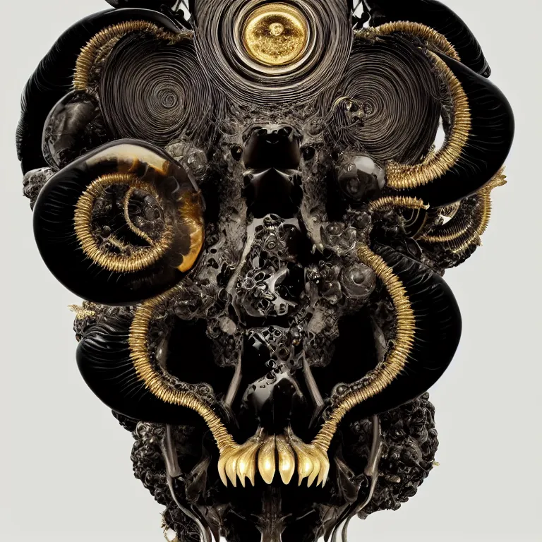 Image similar to black background. absolutely symmetrical sculpture. centered. goddess princess face close-up portrait ram skull. sculpture made of gold and black charcoal. jellyfish phoenix head, nautilus, orchid, skull, betta fish, bioluminiscent creatures, intricate artwork by Tooth Wu and wlop and beeple. octane render, trending on artstation, greg rutkowski very coherent symmetrical artwork. cinematic, hyper realism, high detail, octane render, 8k