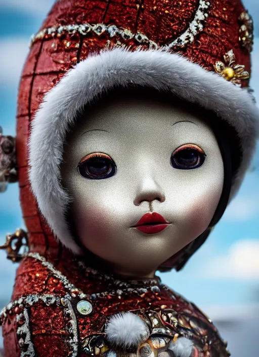 Image similar to closeup profile portrait of tin toy eskimo igloo bikini girl, depth of field, zeiss lens, detailed, symmetrical, centered, fashion photoshoot, by nicoletta ceccoli, mark ryden, lostfish, breathtaking, 8 k resolution, extremely detailed, beautiful, establishing shot, artistic, hyperrealistic, octane render