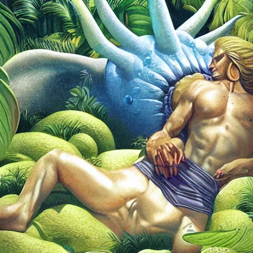 Prompt: falkor in a bright lush garden sleeping artwork by boris vallejo