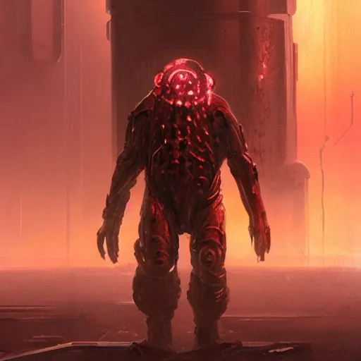 Image similar to scifi art by Greg Rutkowski, a person infected with a kind of reddish sienum that is sprouting from all over his body, violent and vicious appearance, dressed in a futuristic mining space suit, claustrophobic science fiction setting inside a desolate space colony, detailed and intricate environment, high technology, digital painting, artstation, concept art, smooth, sharp foccus ilustration, Artstation HQ.
