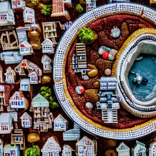 Image similar to macro photo of a miniature secret hidden world with tiny buildings and people inside of a pie floater