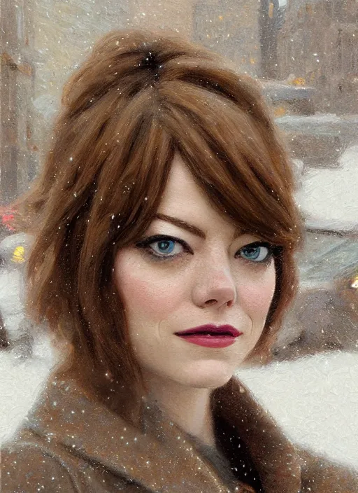 Image similar to emma stone in beige coat, close up portrait, winter new york, snow, artwork by gaston bussiere, craig mullins, trending on artstation