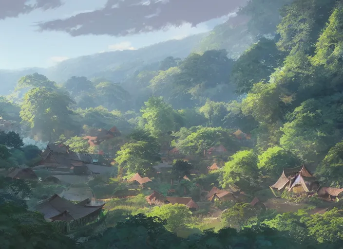 Image similar to concept art painting of a distant small woodland village in a valley seen from above, early morning, european japanese buildings, beside a river, cel shaded, detailed, by makoto shinkai and moebius and greg rutkowski and james gurney