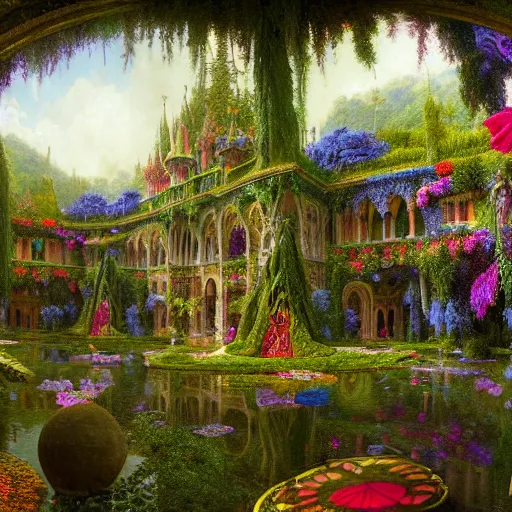 Prompt: a beautiful and highly detailed matte painting of a beautiful palace in a magical fantasy forest garden, colorful flowers, psychedelic patterns, epic scale, insanely complex, hyperdetailed, sharp focus, hyperrealism, artstation, cgsociety, 8 k, bright colors, by caspar friedrich, albert bierstadt, james gurney, brian froud,