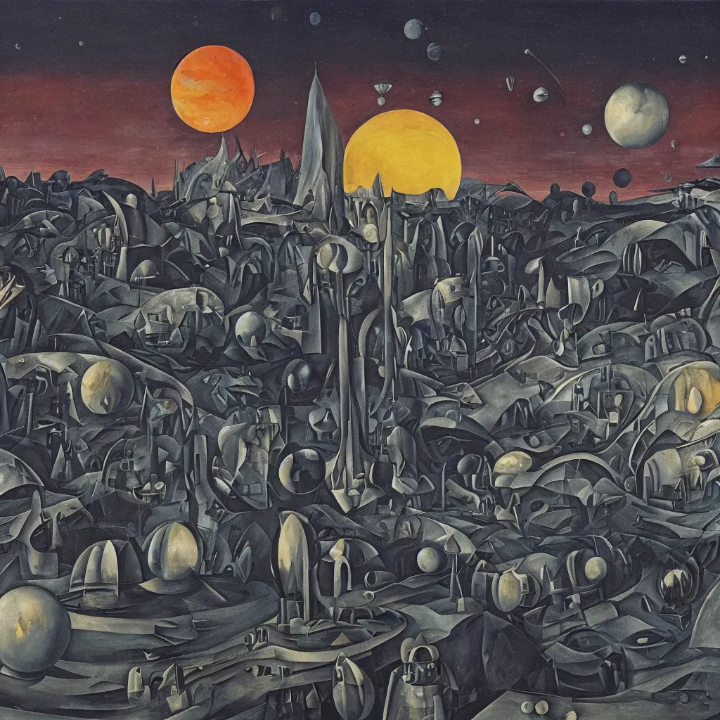 Prompt: Mining colony on an alien moon, oil painting by Georgia O'Keeffe and Yves Tanguy, large planets in sky, at dusk, sci-fi atmosphere