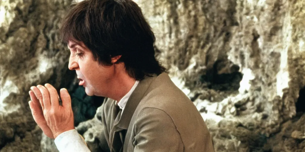 Image similar to A full color still of Paul McCartney looking down at his palm, dressed as a hobbit inside his house, directed by Stanley Kubrick, 35mm, 1970