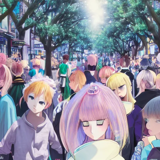 Image similar to blonde - haired princess, anime princess, wearing black jacket and white leggings, looking through crowd, town street, festival street, trees, green trees, blue lighting, blue sunshine, strong lighting, strong shadows, vivid hues, ultra - realistic, sharp details, subsurface scattering, intricate details, hd anime, 2 0 1 9 anime