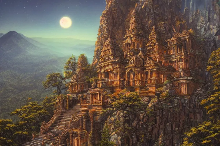 Prompt: ancient temple on a mountaintop at night | by Paul O. Zelinsky and Donato Giancola | ornate carvings| climbing vines| rich color | dramatic cinematic lighting | extremely crisp and detailed | featured on Artstation | cgsociety