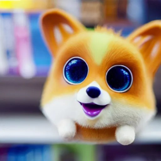 Image similar to a corgi furby toy on a store shelf, close - up photo, uncanny, nostalgic