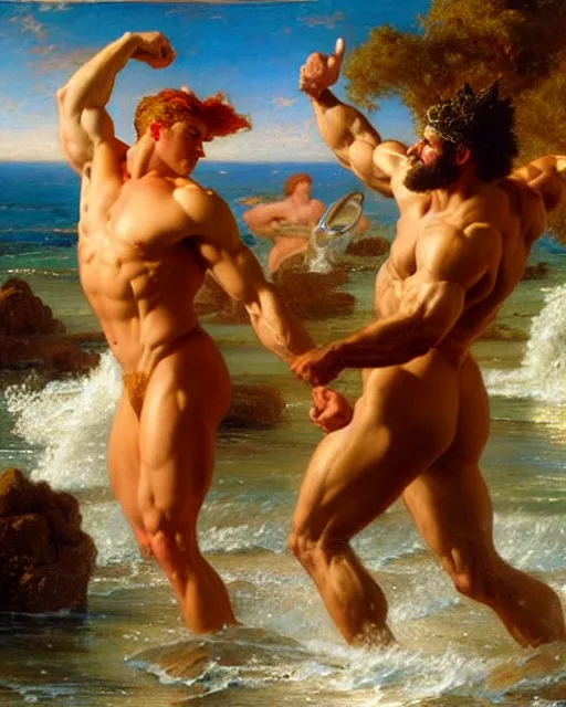 Prompt: muscular god neptune and muscular poseidon frolicking on the shore, painting by gaston bussiere, craig mullins, j. c. leyendecker,