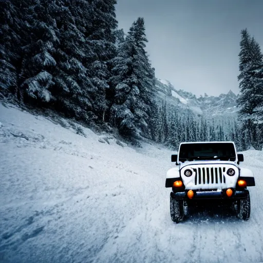 Image similar to white jeep wrangler driving up snow covered mountain ridge, dreamy atmosphere, dramatic lighting, cinematic, photo realism