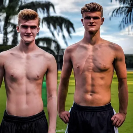 Image similar to a realistic detailed photo of a guy who is an attractive humanoid who is half robot and half humanoid, who is a male android, soccer players martin ødegaard & timo werner, shiny skin, posing like a statue, blank stare, by the pool, on display, showing off his muscles, many copies of them