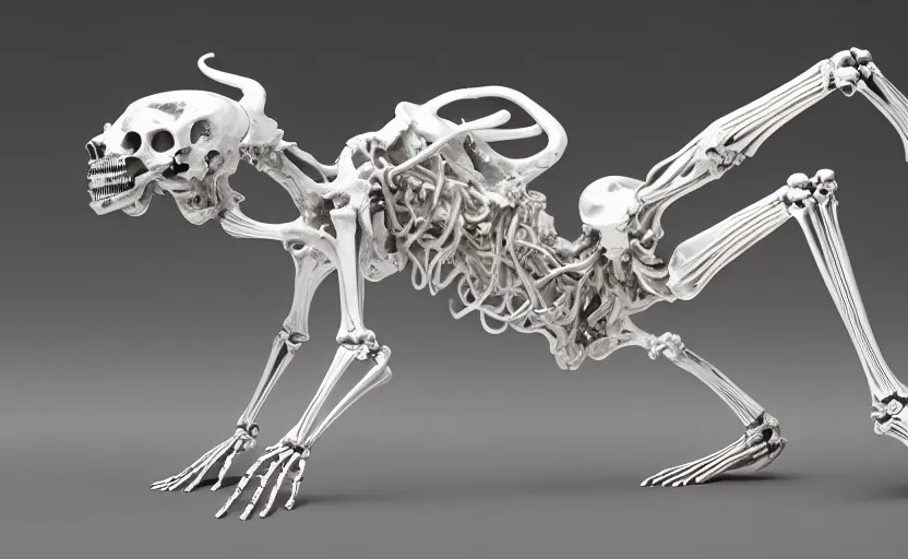 Image similar to stylized shiny polished silver statue full body extra limbs bizarre cosmic horror quadruped animal skull ( skeleton ) framework four legs made of marble of slug creature tendrils, perfect symmetrical body, perfect symmetrical face, hyper realistic, hyper detailed, by johannen voss, by michelangelo, octane render, blender, 8 k, displayed in pure white studio room