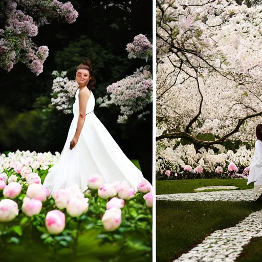 Prompt: a woman dressed in white, standing in a white rose garden, peony petals in the breeze, vivid lighting, professional photography