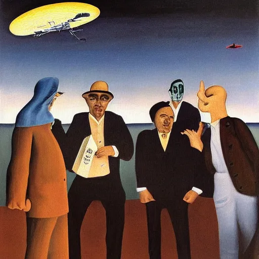 Prompt: the meeting of conspiracy theorists at the docks at midnight, surrealist painting