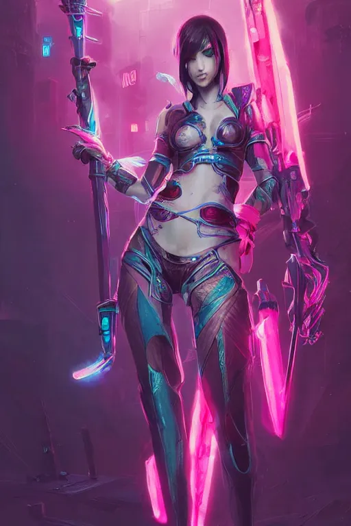 Prompt: fiora from league of legends, cyberpunk futuristic neon. long sword in her hand, decorated with traditional japanese ornaments by ismail inceoglu dragan bibin hans thoma greg rutkowski alexandros pyromallis nekro rene maritte illustrated, perfect face, fine details, realistic shaded, fine - face, pretty face, masterpiece