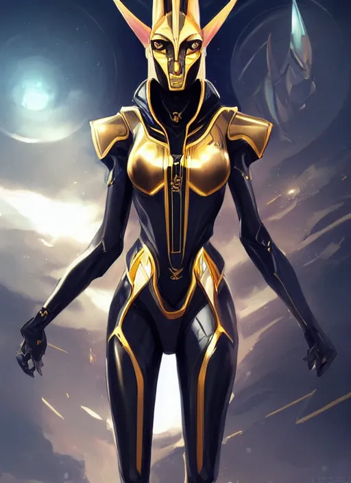 Image similar to woman wearing black and gold anubis cybertech armor. character design by charlie bowater, ross tran, artgerm, and makoto shinkai, detailed, inked, western comic book art