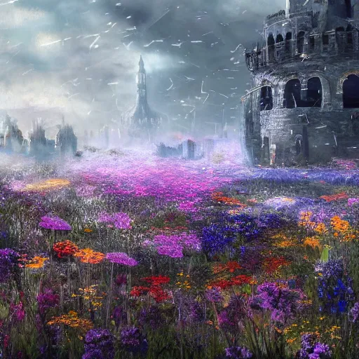 Image similar to puzzle pieces fall from the sky at a field of flowers. darksouls concept art 8k.