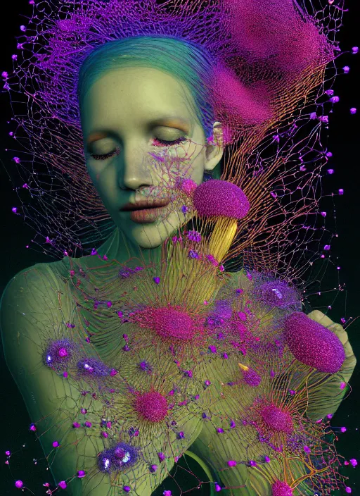 Image similar to hyper detailed 3d render like a Oil painting - Aurora (Singer) seen Eating of the Strangling network of yellowcake aerochrome and milky Fruit and Her delicate Hands hold of gossamer polyp blossoms bring iridescent fungal flowers whose spores black the foolish stars by Jacek Yerka, Mariusz Lewandowski, Houdini algorithmic generative render, Abstract brush strokes, Masterpiece, Edward Hopper and James Gilleard, Zdzislaw Beksinski, Mark Ryden, Wolfgang Lettl, hints of Yayoi Kasuma, octane render, 8k