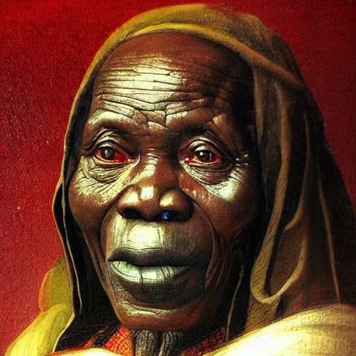 Image similar to a painting of a wise elder from Kenya by Leonardo da Vinci . dramatic angle, ethereal lights, details, smooth, sharp focus, illustration, realistic, cinematic, artstation, award winning, rgb , unreal engine, octane render, cinematic light, macro, depth of field, blur, red light and clouds from the back, highly detailed epic cinematic concept art CG render made in Maya, Blender and Photoshop, octane render, excellent composition, dynamic dramatic cinematic lighting, aesthetic, very inspirational, arthouse.