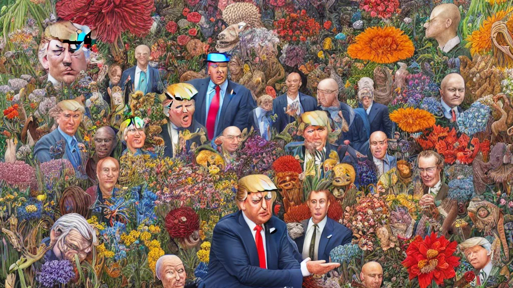 Image similar to highly detailed oil painting of donald trump surrounded by all the known species of flowers by olaf hayek, by moebius, by oliver vernon, by joseph moncada, by damon soule, by manabu ikeda, by kyle hotz, by dan mumford, by kilian eng