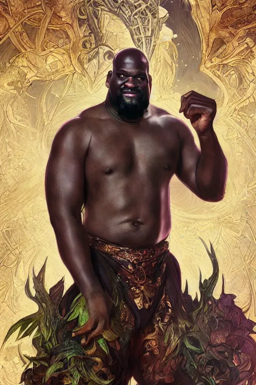 Image similar to portrait of shaquille o'neal as a hulking herculean demon, forest, godlike, full body, fantasy, intricate, elegant, highly detailed, digital painting, artstation, concept art, sharp focus, illustration, art by artgerm and greg rutkowski and alphonse mucha