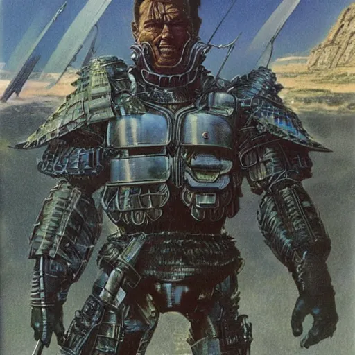 Image similar to schwarzenegger in armored suit and weapons, art by bruce pennington