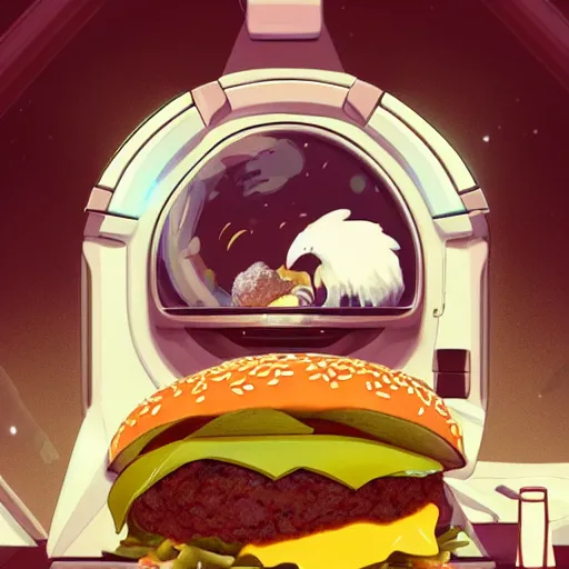 Image similar to a humanoid chicken!!!!! eating a burger while floating inside of a space station, golden ratio!!!!!, centered!!!!!, artstation, cgsociety contest winner, 4 k quality, digital art, anime style, studio ghibli!!!!!