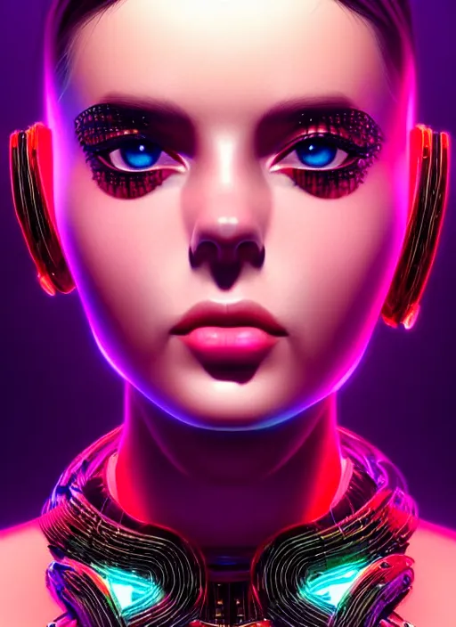 Image similar to photorealistic portrait of female humanoid, cyber neon lights, highly intricate, retro 6 0 s haute couture fashion, elegant, highly detailed, crispy quality, trending on artstation, trending on pinterest, glamor pose, no signature, no watermark, smooth, cinematic, art by artgerm and greg rutkowski