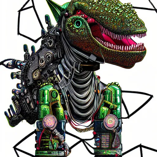 Image similar to intricate detailed color manga style illustration of a cyborg punk street kid with a pet dinosaur, cyberpunk