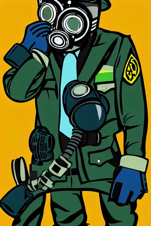 Image similar to cops member departement using gas mask, with blue and green blouse, high member use army hats. digital art, graphic novel, pop art, bioshock art style, accurate, detailed, gta chinatown art style, dynamic, face features, body features, ultra realistic, concept art, smooth, sharp focus, art by richard hamilton and mimmo rottela
