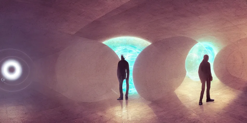 Image similar to guy standing in spinning portal where he can see himself in the future, trippy, weird, artstation, realistic, moody