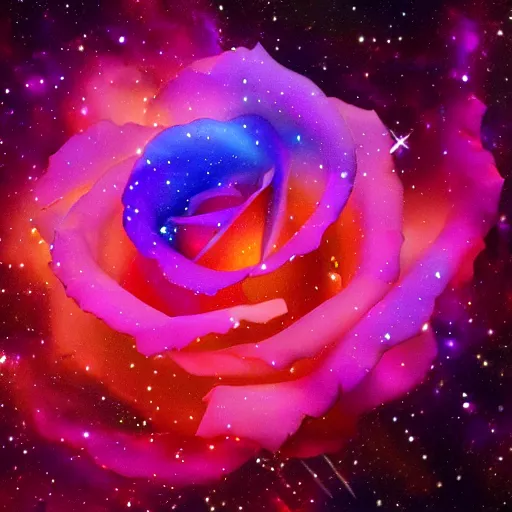 Image similar to beautiful rose made of stunning nebula and stars, on black background, highly detailed, trending on deviantart and artstation, nasa space photography
