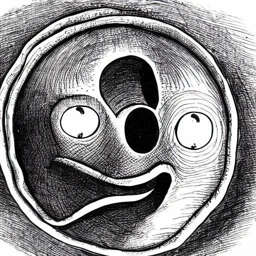 Image similar to an ink drawing of eerie comedy and tragedy theater masks circled by a snake, cracked, elaborate detail, shape of a circle, circular shape