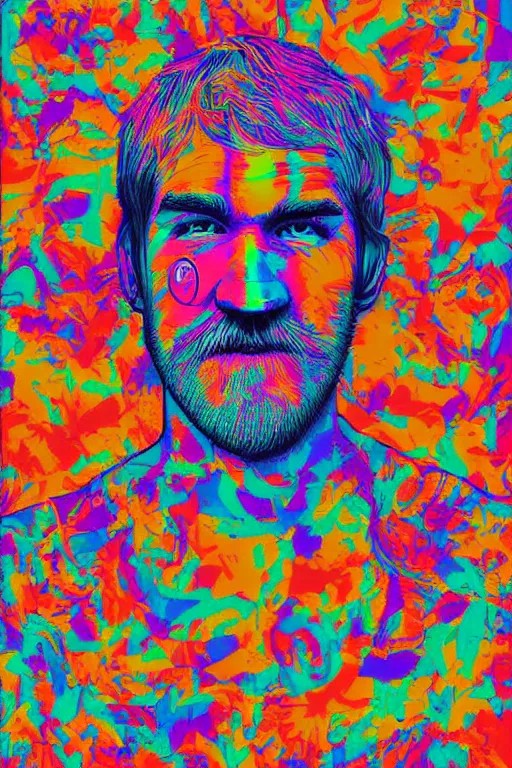 Image similar to inspirational style hope poster of bo burnham with beard, psychedelic colors, highly detailed, realistic, loving, by steven belledin