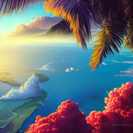 Image similar to a painting a breathtaking aerial view of Hawaiian islands, surrounded by palm trees, clouds, flowers, volcano, azure ocean, sunlight glistening, glow, , a detailed matte painting by sylvain sarrailh, Stephan Martinière, by RHADS, Makoto Shinkai, bokeh, Artstation contest winner, fantasy art, concept art, #vfxfriday