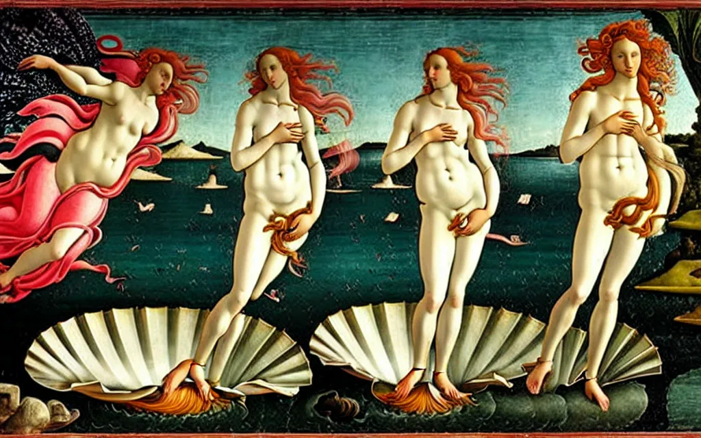 Image similar to sandro botticelli. very soft, delicate light. birth of venus raving.