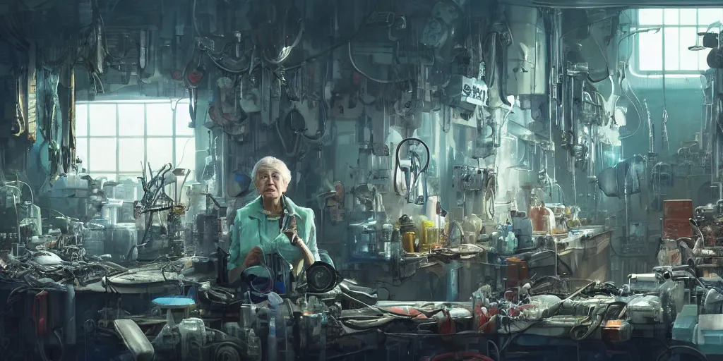 Image similar to an environmental concept art of an elderly woman cyberneticist in a cluttered workshop, surgical implements, surgery theatre, robotic arm, blood spatter, highly detailed, cinematic, dramatic, cyberpunk, dieselpunk, scifi space station, horror, ( bladerunner 2 0 4 9, cyberpunk 2 0 7 7 )