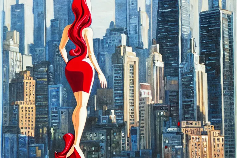 Image similar to Jessica Rabbit looking at the city. Cinematic. Intricately detailed acrylic painting