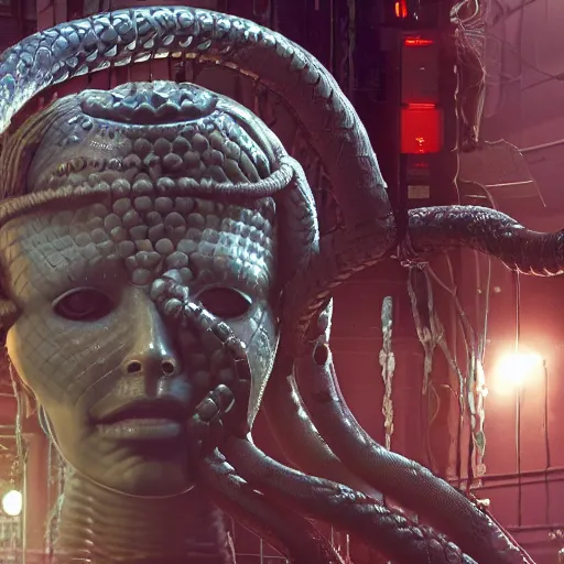 Prompt: the upper torso of a terminator gorgon medusa with borg implants, human face and robotic snakes coming out of her head is hanging from cables and wires off the ceiling of a lab. Her bottom half is missing with cables hanging out. She is taking a sip from a cup of coffee. very detailed 8k. Horror cyberpunk style. Unreal engine 5 render with nanite, path tracing and cinematic post processing. Sharp.