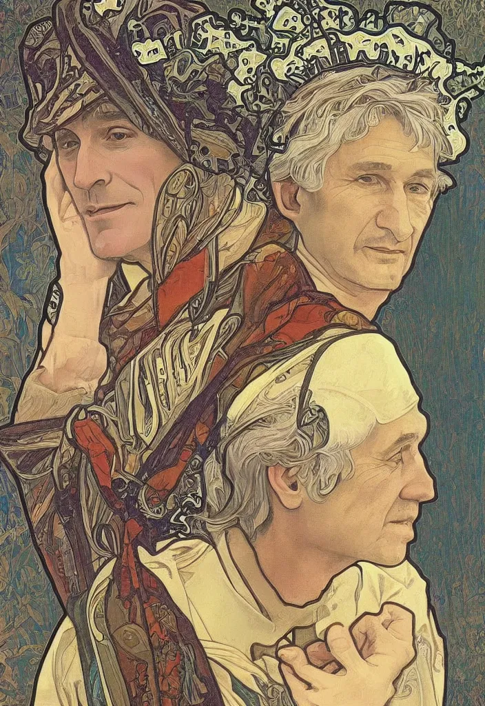 Image similar to realistic white - haired geoffrey hinton in a crown with neural networks on a tarot card, tarot in art style by alphonse mucha