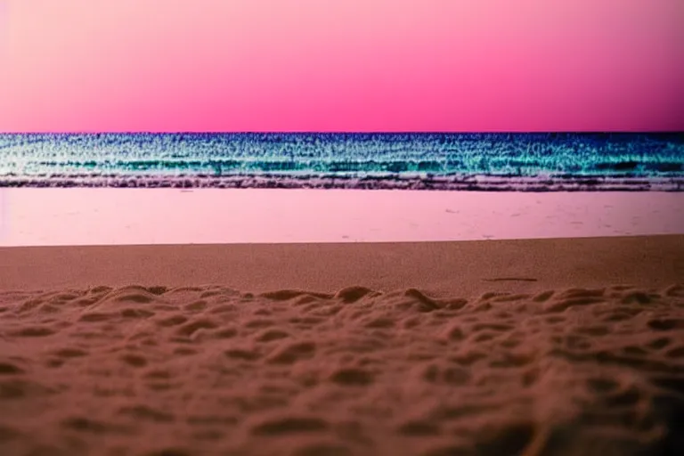 Image similar to a vintage family holiday photo fuji kodak of an empty beach shore with pastel pink iridescent!! sand and reflective metallic water and sunbathing equipment at dusk. refraction, volumetric, light haze.