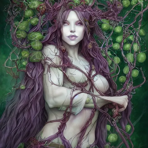 Prompt: a firbolg druid with vines for hair, fantasy, dungeons and dragons, an ultrafine detailed painting by ayami kojima, cgsociety, fantasy, anime digital art, lovecraftian, cosmic horror, detailed painting