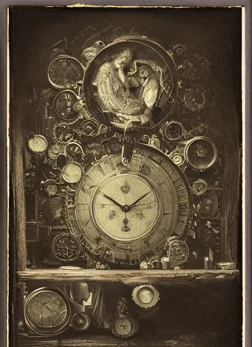 Image similar to old wetplate daguerreotype birth of the invention of time and past, fractal, intricate, elegant, highly detailed, parallax, leica, medium format, subsurface scattering, by jheronimus bosch and greg rutkowski and louis jacques mande daguerre