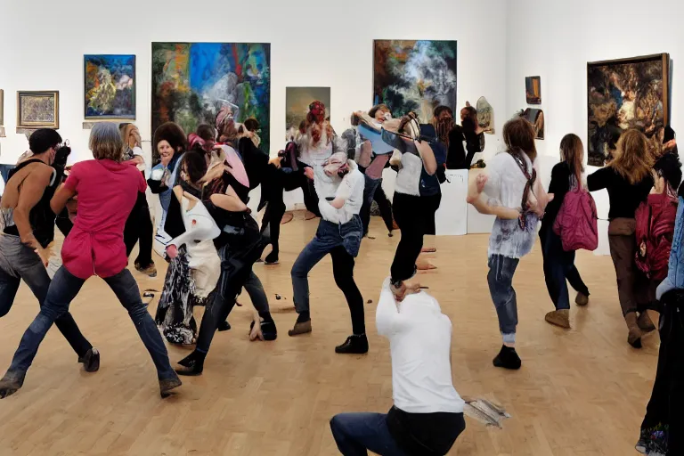 Image similar to a group of people attacking an art gallery show