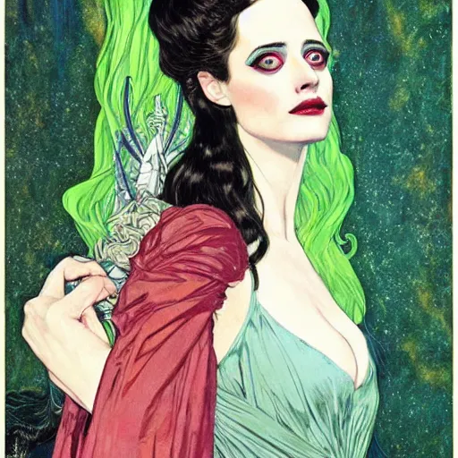 Prompt: portrait by joshua middleton of the young actress, eva green as queen of the emerald dead, vamp, elegant, decadent, stylised comic art, klimt, mucha, 1 9 7 0 s poster,