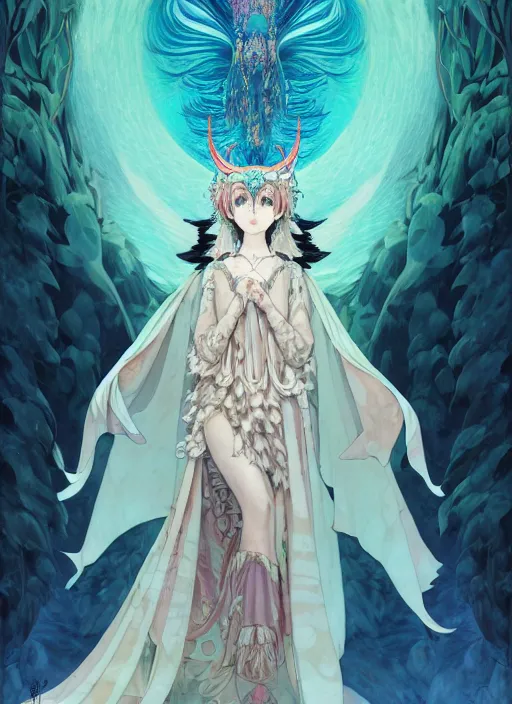 Prompt: goddess of the owls in feathered robe, humanoid, forest ritual, throne, concept art, Ilya Kuvshinov, masakazu katsura,jean giraud, Kyoto animation,last exile, blue submarine no. 6,loish, murata range, kawaii, yoshitaka amano, studio lighting, manga, bright colors, beautiful, 28mm lens, vibrant high contrast, gradation, fantasy, rule of thirds, great composition, intricate, detailed, flat, matte print, sharp,clean lines,anime