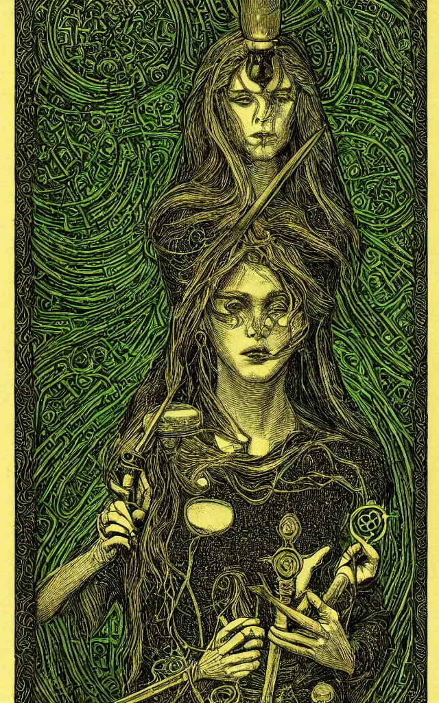 Image similar to tarot card of hecate the gloomy and beautiful goddess of witchcraft, torches, ancient keys, smokes, andrey remnev, black paper, etching, engraving, intricate line work, green line work details, mandelbulb fractal, portrait, trending on artstation, exquisite details, risography print, 4 k, 4 k