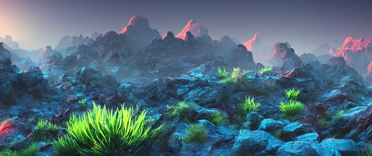 Image similar to alien landscape, epic mountains, chrome, neon, cobalt, sunset, misty, strange plants, 4 k, photoshop, photorealistic